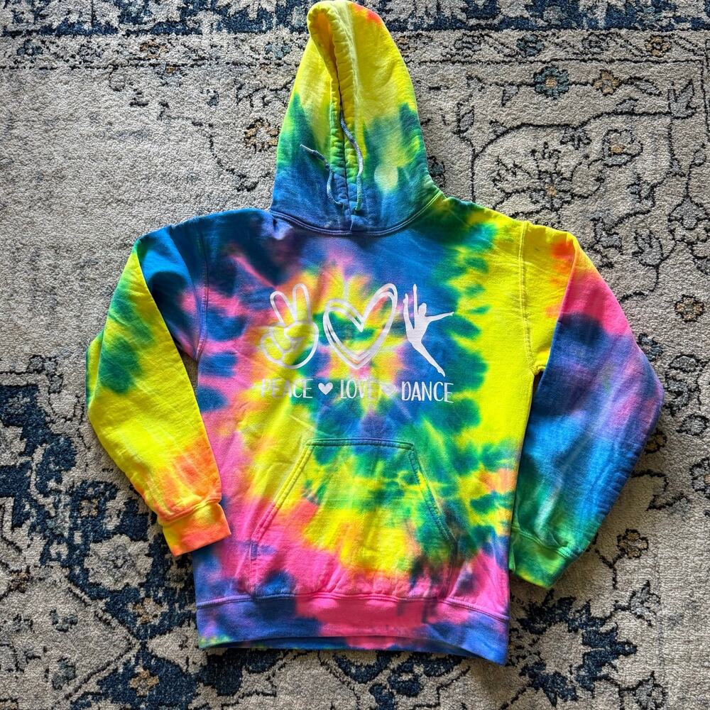 Gildan Unisex Tie-Dye Hoodie Peace Love Dance Graphic Size S Multicolor